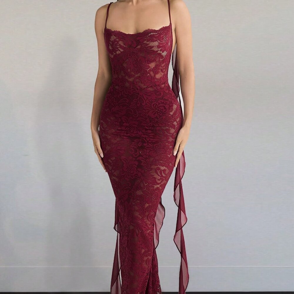 Burgundy Elegant Women's Stretchy Lace Trim Ruched Chiffon Valentine's Dress - Picture 2 of 5
